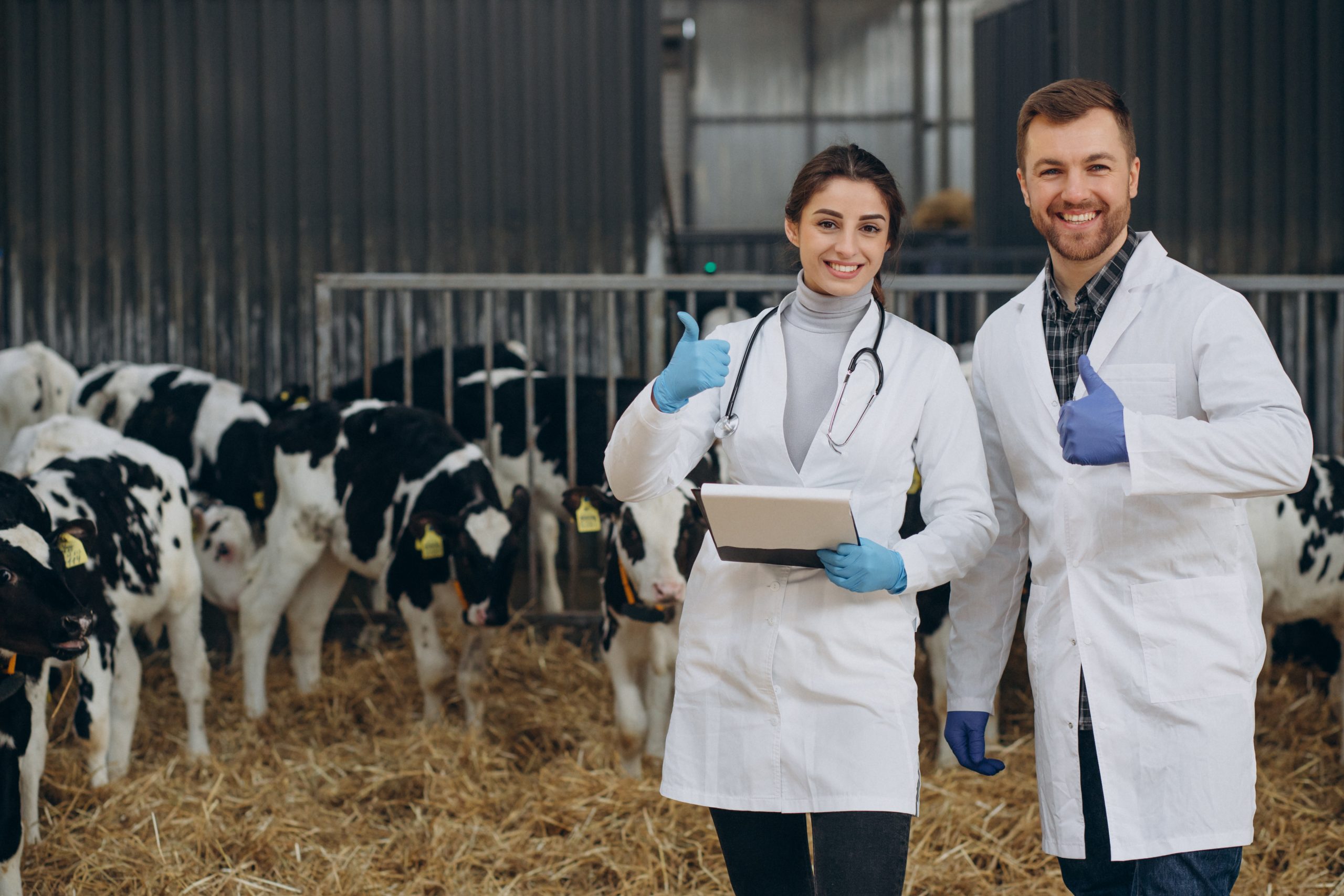 Veterinario revisando vacas en una granja con tecnología portátil NewVetec